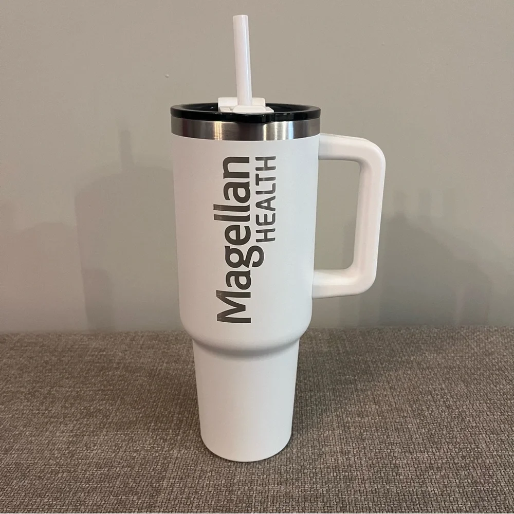 New Magellan Health White Metal Stainless Steel Handled Tumbler Cup w/ Straw
